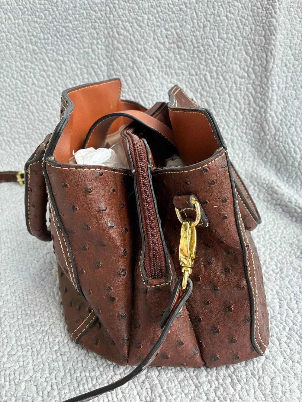 Brown Ostrich-Texture Satchel with Gold Lock Detail